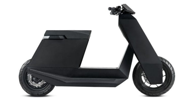 A sleek, black electric scooter with a modern, angular design and two large wheels, viewed from the side.