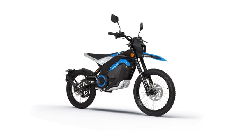 A black and blue electric motorcycle with a sleek design, featuring a single seat, handlebars with mirrors, and off-road tires.