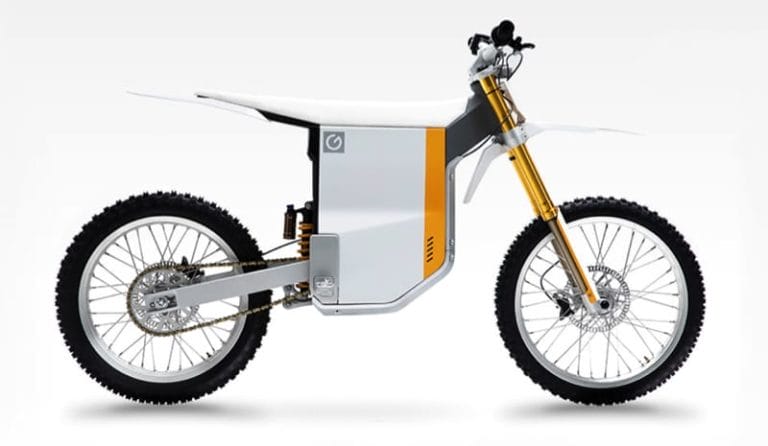 A white and yellow electric dirt bike is shown from the side against a plain white background.