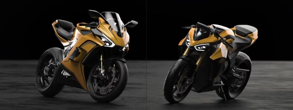 Two motorcycles are displayed side by side on a black background.