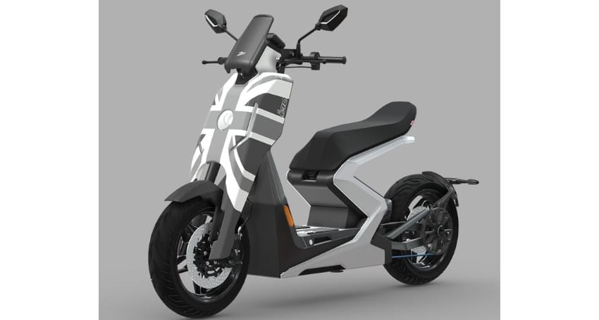 A modern Zapp EV i300 motorcycle with a black and white geometric pattern on its body and gray accents, featuring a minimalist design with exposed frame elements and a compact form factor.