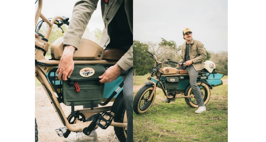 A person prepares a limited edition EV motorcycle in one image and poses with the motorcycle outdoors, enjoying beach vibes, in the other image.