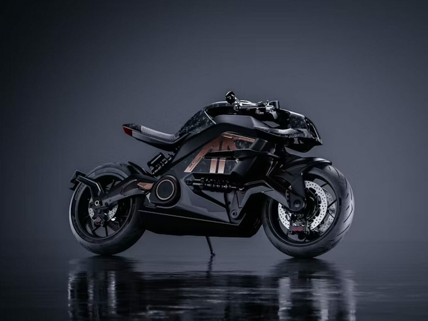 A sleek, black, modern motorcycle with futuristic design stands on a reflective surface against a dark background.