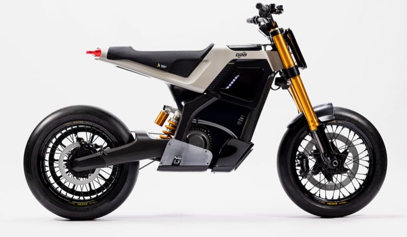 A modern, sleek electric motorcycle with a minimalist design and yellow front suspension, photographed against a plain white background.