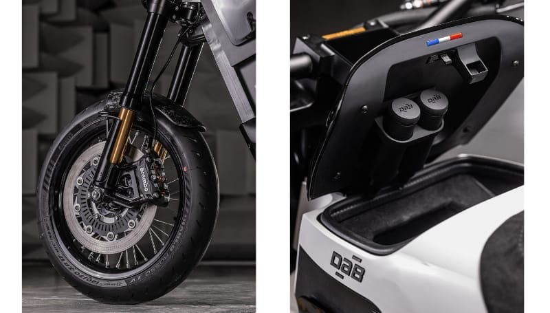 Split image showing close-ups of a boutique electric motorcycle: left side focuses on the front wheel and brakes, right side shows handlebar controls and model label.