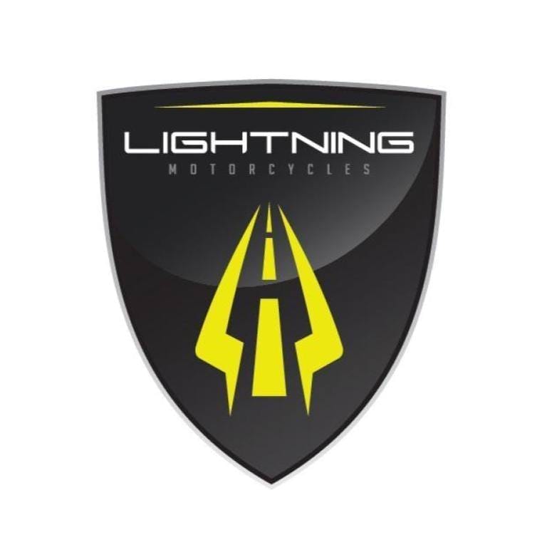 Logo of Lightning Motorcycles featuring a black and yellow shield with a stylized road and the text "LIGHTNING MOTORCYCLES" at the top.