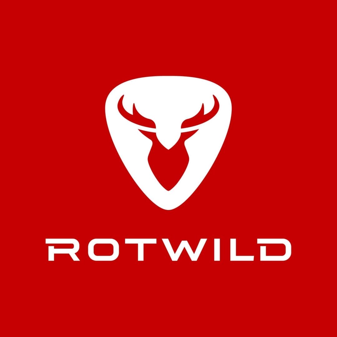 Red background with a white logo featuring a stylized deer head inside a shield-like shape above the word "ROTWILD.