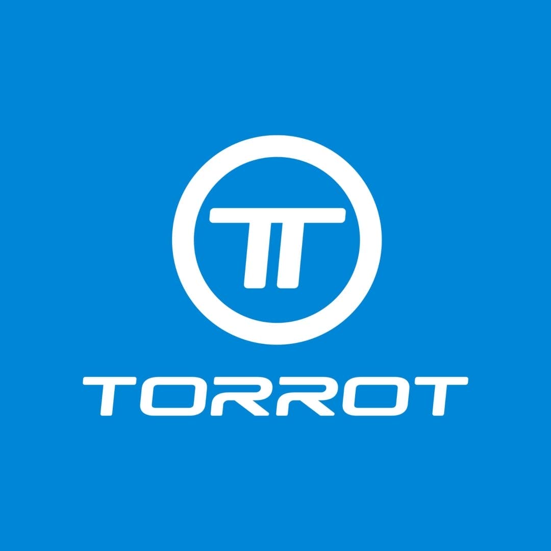 Torrot logo with two stylized T letters inside a circle, centered on a blue background.