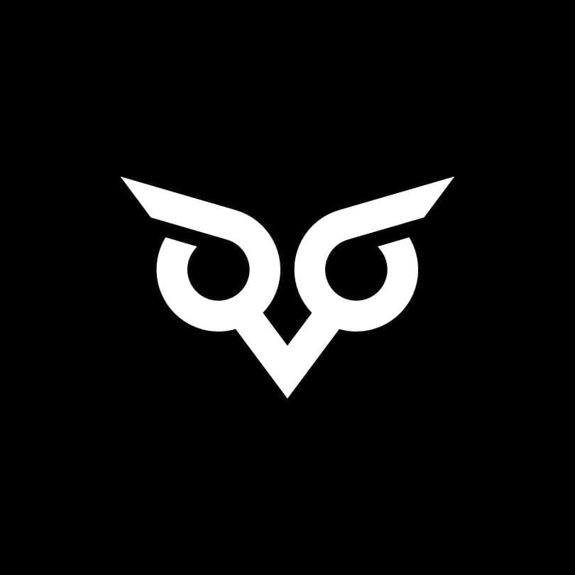 Black background with a minimalist white owl logo, featuring stylized eyes, beak, and eyebrows in a symmetrical design.