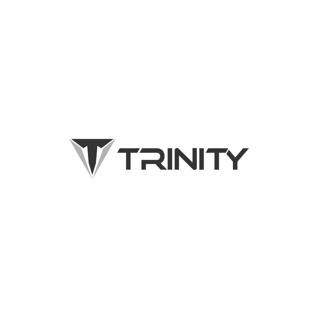 A black and white logo with the word "TRINITY" in bold letters next to a triangular emblem featuring a stylized "T.