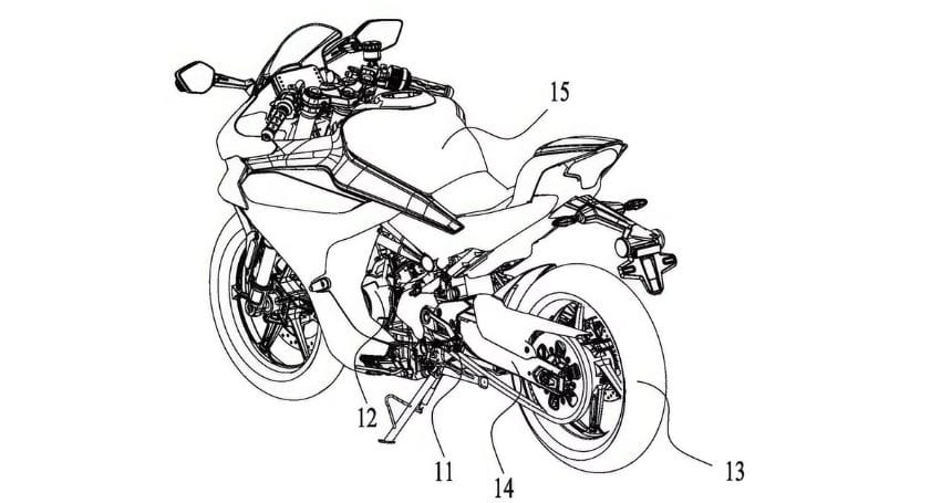 Line drawing of a motorcycle showcasing various numbered parts, including wheels (11, 13), exhaust (14), and body frame (15). The image highlights technical details and components of the motorcycle.