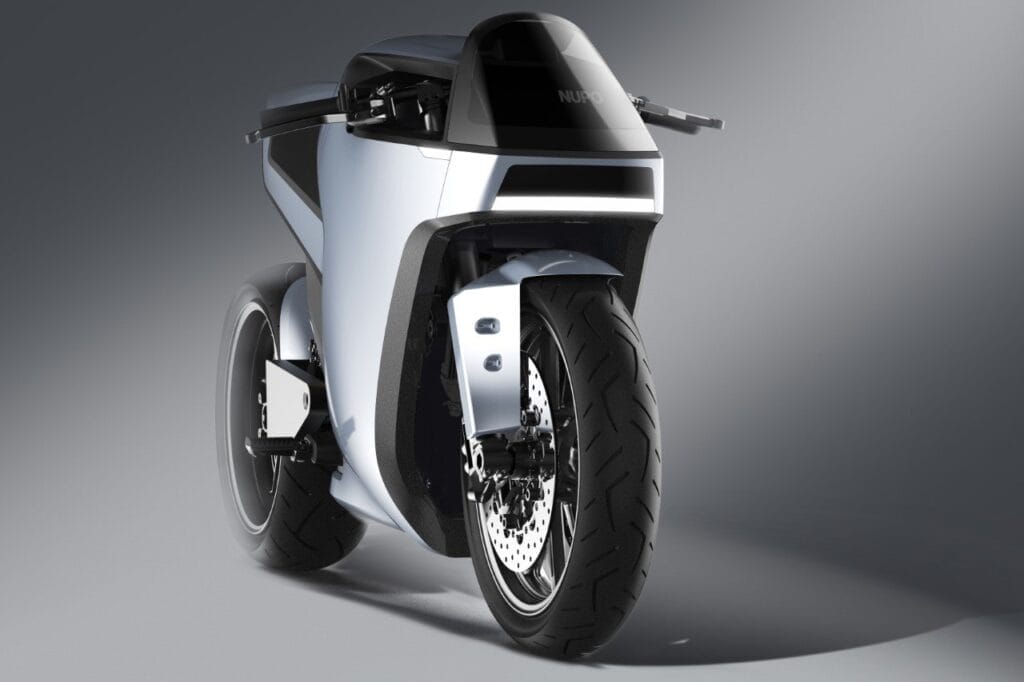 An image of a futuristic motorcycle on a gray background.