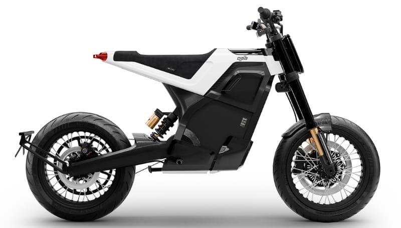 White and black boutique electric motorcycle with a modern design, displayed in a side profile view on a plain white background.