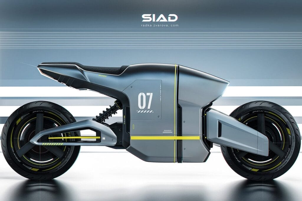 A futuristic motorcycle is shown on a white background.