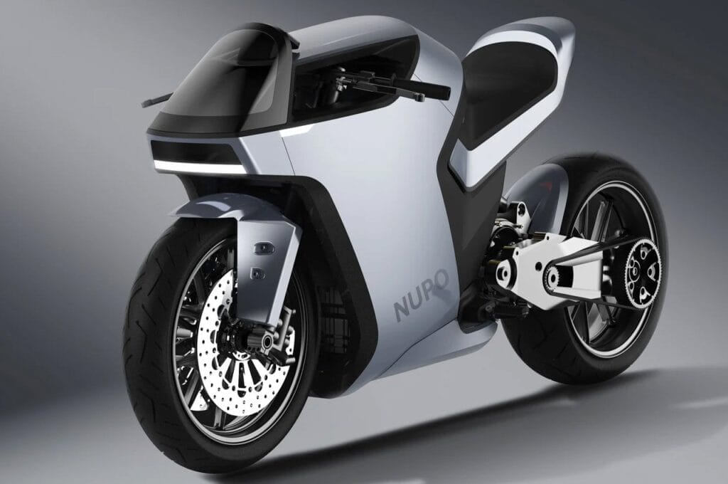 A futuristic motorcycle is shown on a gray background.