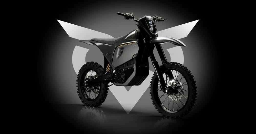 A sleek, black electric motorcycle with off-road tires and angular design is displayed against a gradient dark background with a stylized logo behind it.