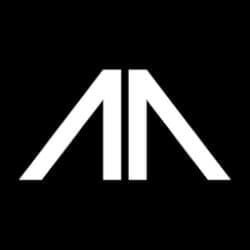 White logo with two intersecting lines forming an "M" shape on a black background.