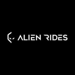 Black background with white text that reads "Alien Rides" and a stylized alien head logo on the left.