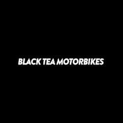 The image displays the text "BLACK TEA MOTORBIKES" in white, bold, uppercase letters on a black background.