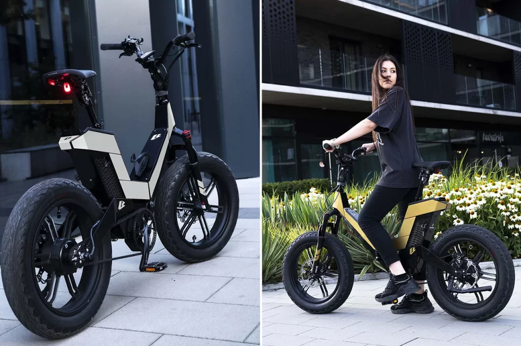 Two pictures of a woman standing next to an electric bike.