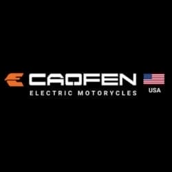 The logo features the name "CaoFen Electric Motorcycles USA" with an orange stylized "E" on the left and a small American flag on the right against a black background.