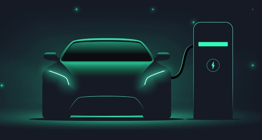 Illustration of an electric car being charged at a charging station with a glowing cord and plug, set against a dark background.