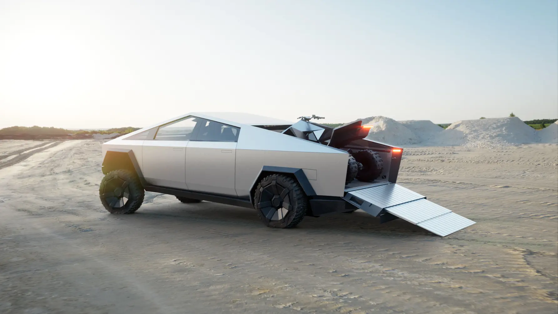 A futuristic, angular truck with a metallic finish is parked on a sandy terrain, with an ATV being loaded onto its bed using a ramp.