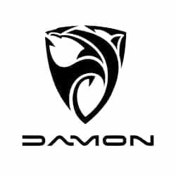 Black and white logo featuring a stylized futuristic motorcycle shape inside a shield, with the word "DAMON" written below it.