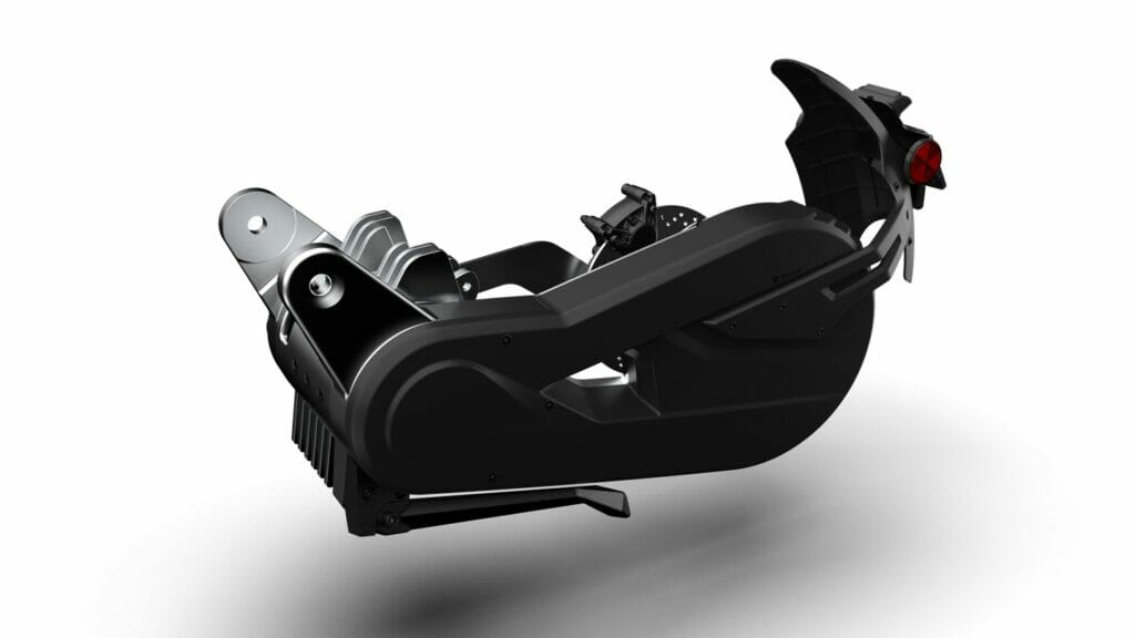 A black motorcycle seat with a red light on it.