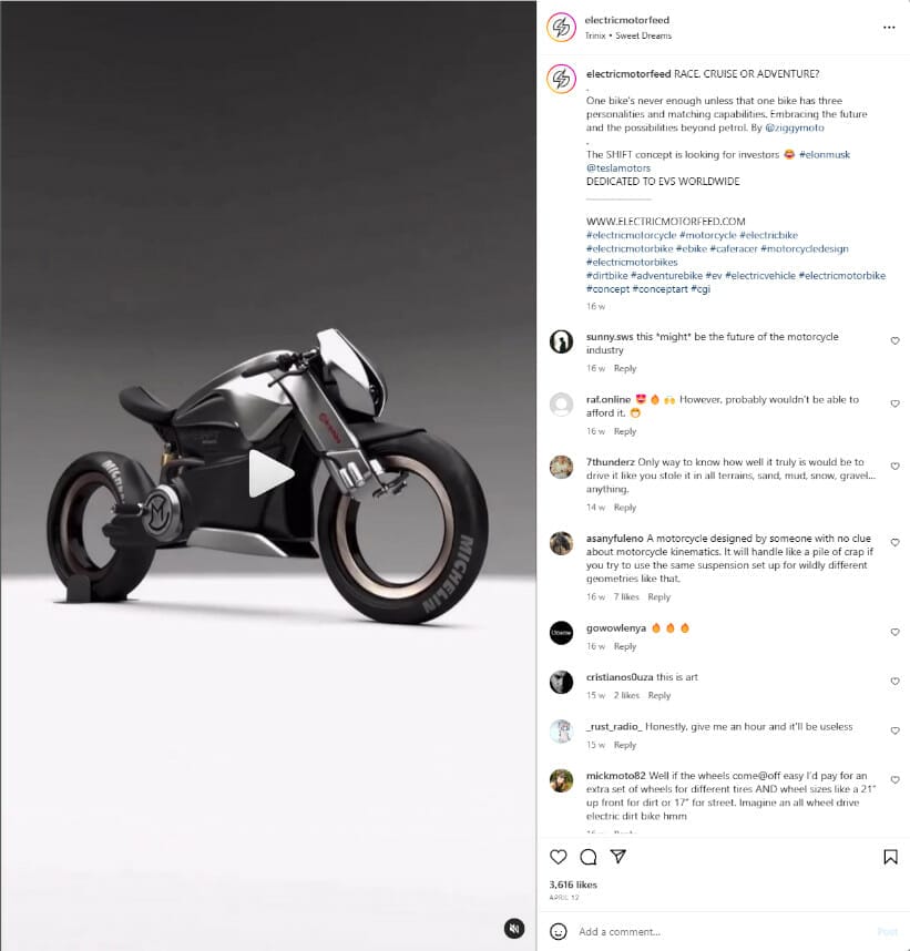 A sleek, futuristic electric motorcycle with a minimalist design is showcased in a promotional post. The post discusses its advanced features and future potential, generating various user comments.