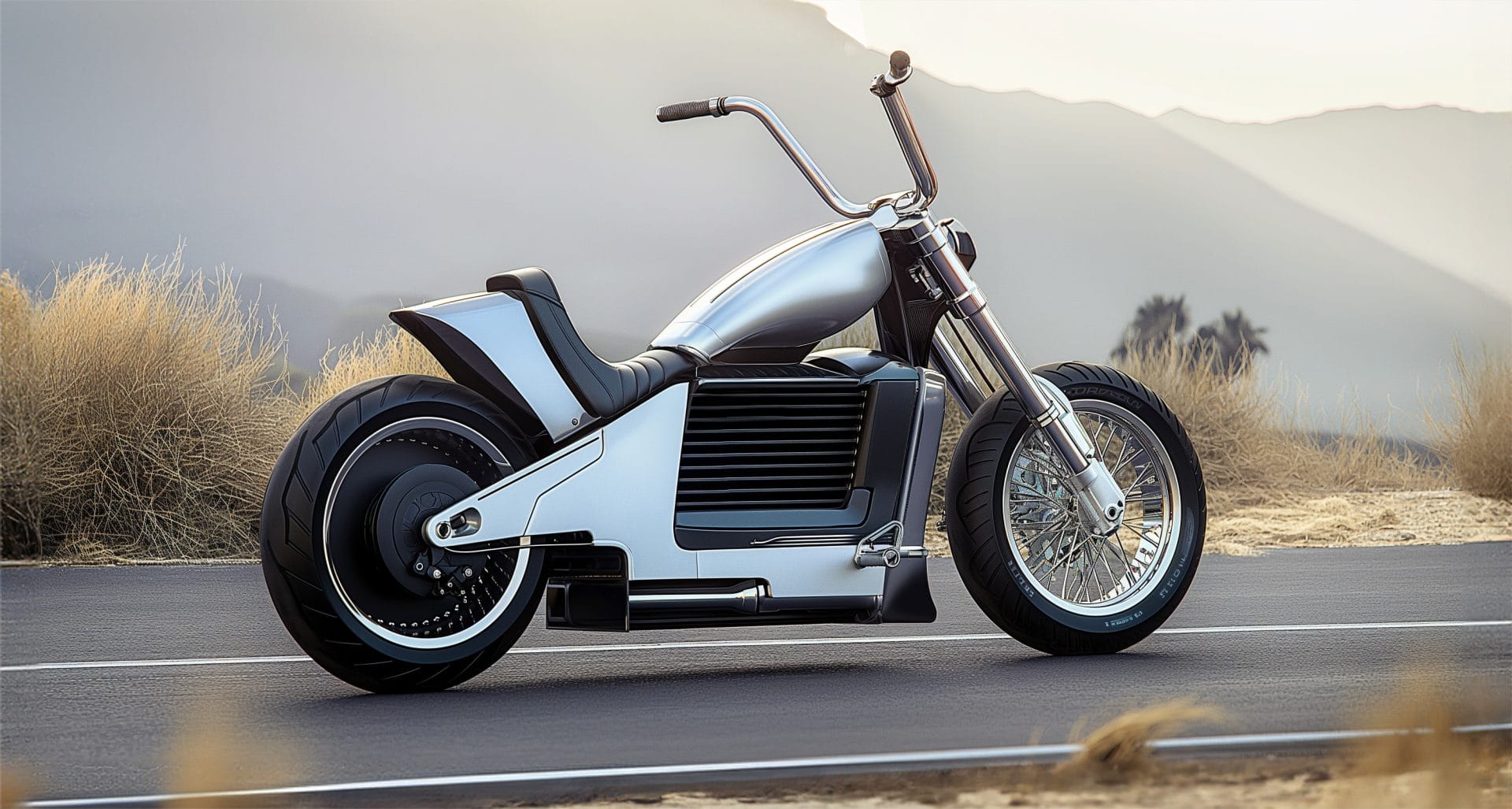 A sleek, futuristic motorcycle is parked on a deserted road with mountains and desert vegetation in the background.