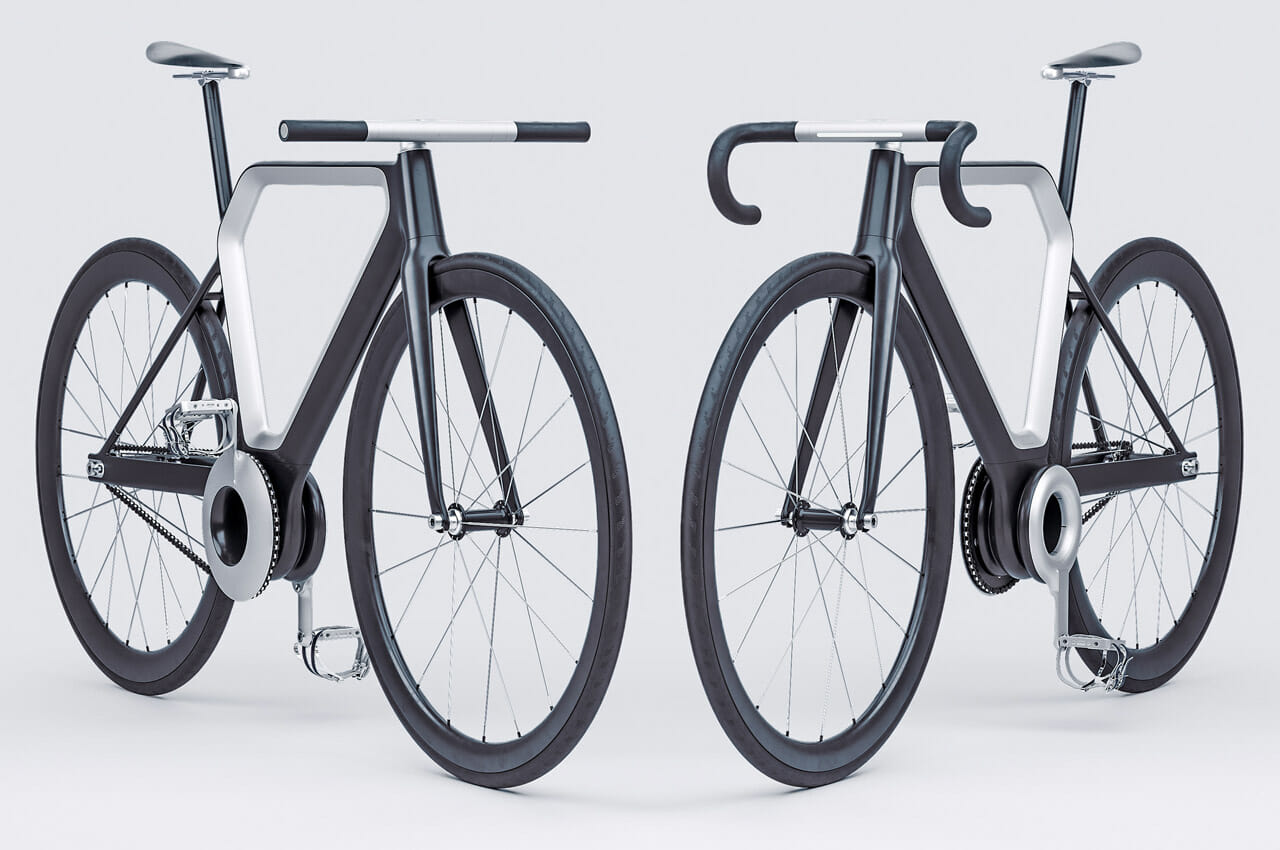 Two sleek, modern bicycles with a minimalist design are shown. One has straight handlebars, and the other has drop handlebars. Both bikes feature a distinctive triangular frame and are set against a plain background.