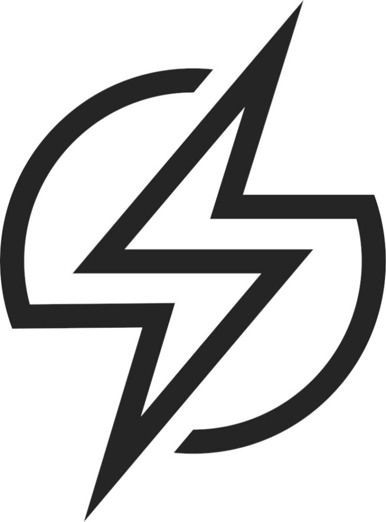 Black and white stylized lightning bolt logo with semicircular lines on both sides.