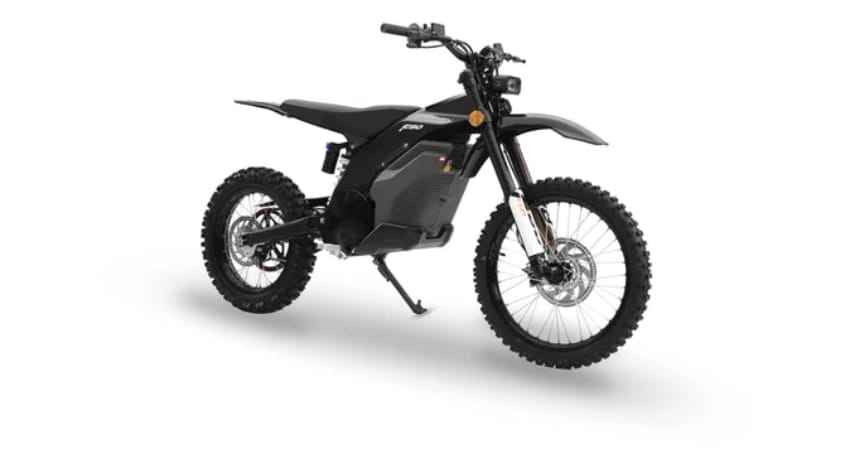 Black electric dirt bike with off-road tires and a minimalist design, viewed from the side against a plain white background.