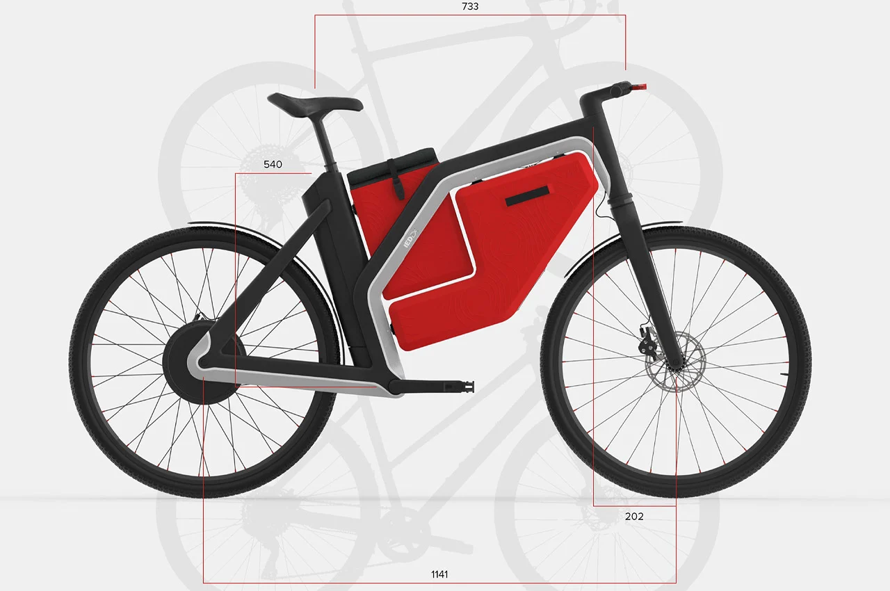 Side view of a modern electric bicycle with red accents. The bike features a sleek frame with integrated battery compartments and a simplified design for urban commuting.