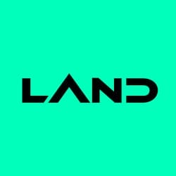 Text "LAND" in uppercase black font on a bright turquoise background. The "A" is stylized as an upside-down "V".