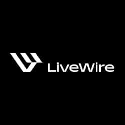 A white logo with the stylized text "LiveWire" and a geometric design resembling a "W" on a black background.