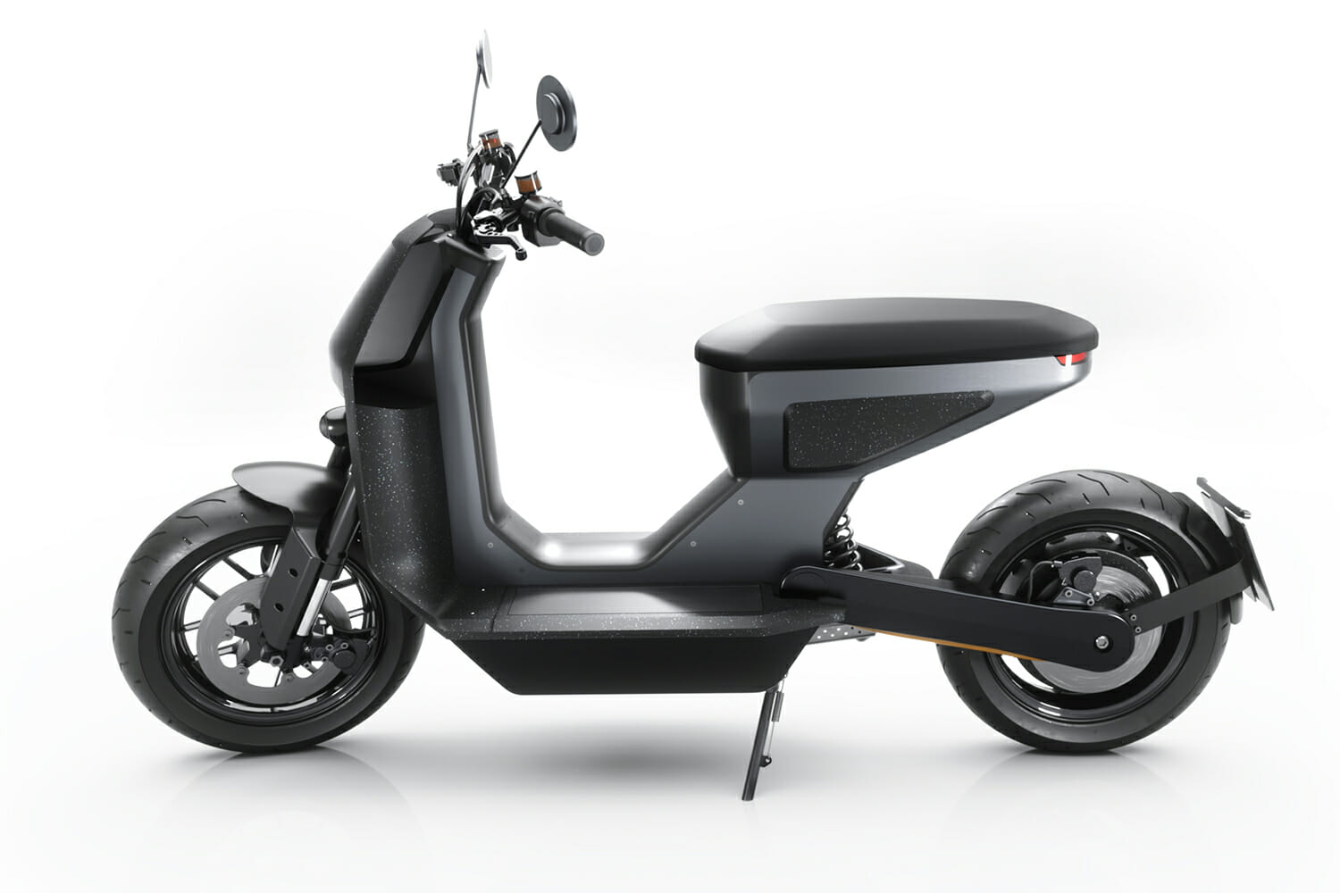 Side view of a modern black electric scooter with a streamlined design, featuring a single seat, robust tires, and a minimalist frame.