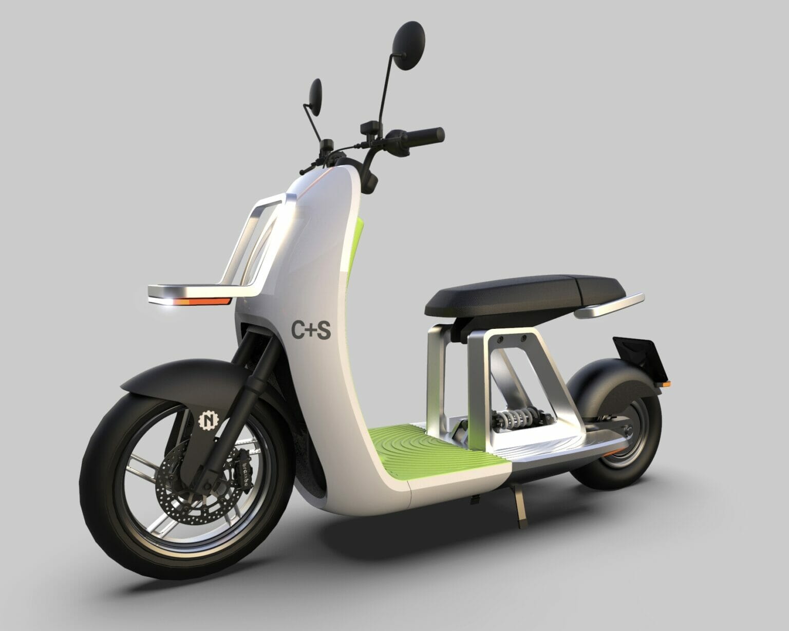 A sleek, modern white electric scooter with black accents, a step-through frame, and green footrest. The scooter has a single seat, mirrors, and disc brakes on both wheels, set against a plain gray background.