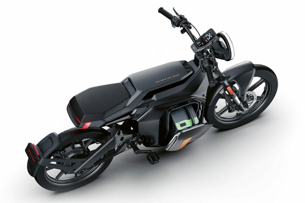 A black electric motorcycle is shown on a white background.