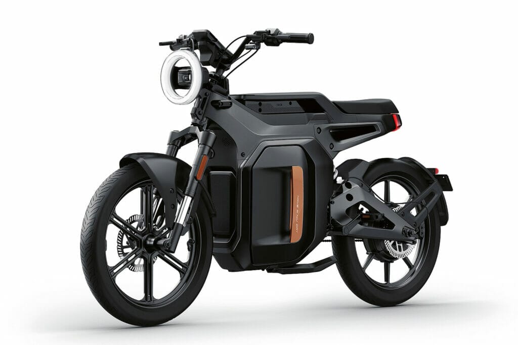 A black electric motorcycle is shown on a white background.