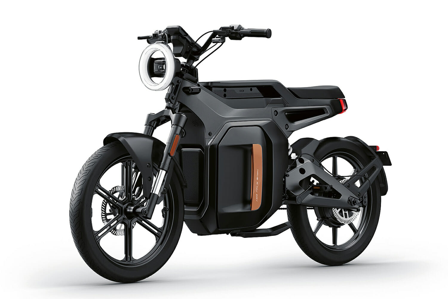 A black electric motorcycle with a minimalist design, featuring a circular headlight, solid tires, and a sleek body.