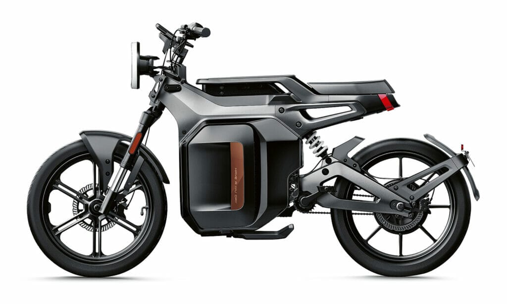 An electric motorcycle is shown on a white background.