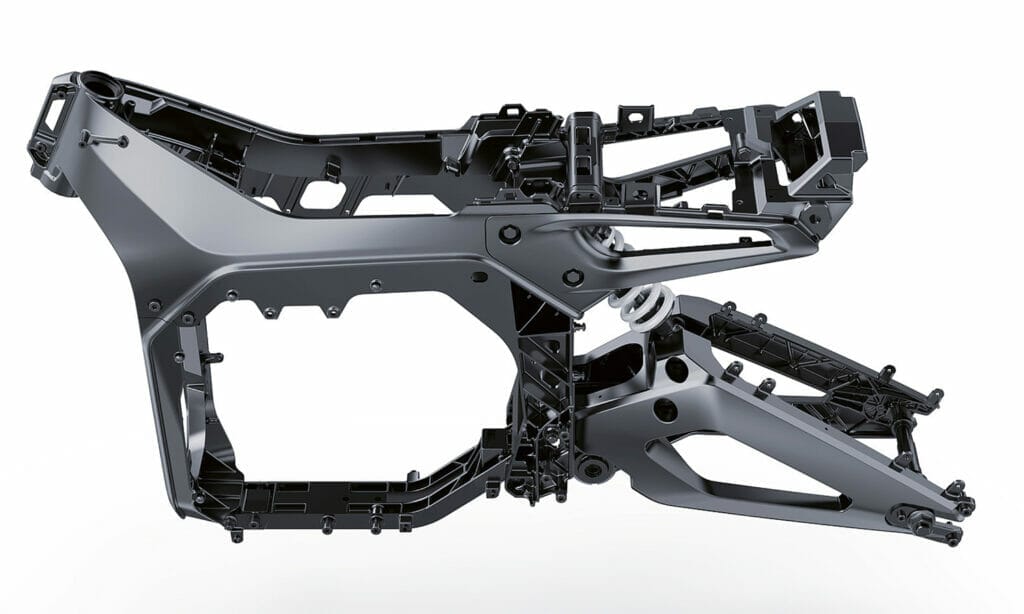 An image of a motorcycle frame on a white background.