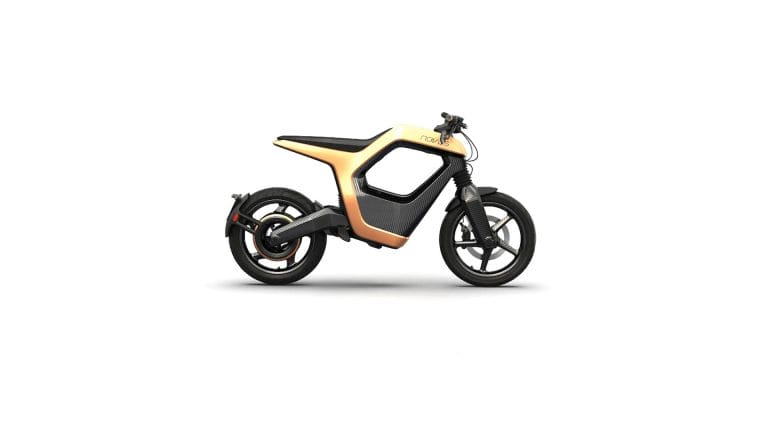 Side view of a sleek, orange and black electric motorcycle on a white background.