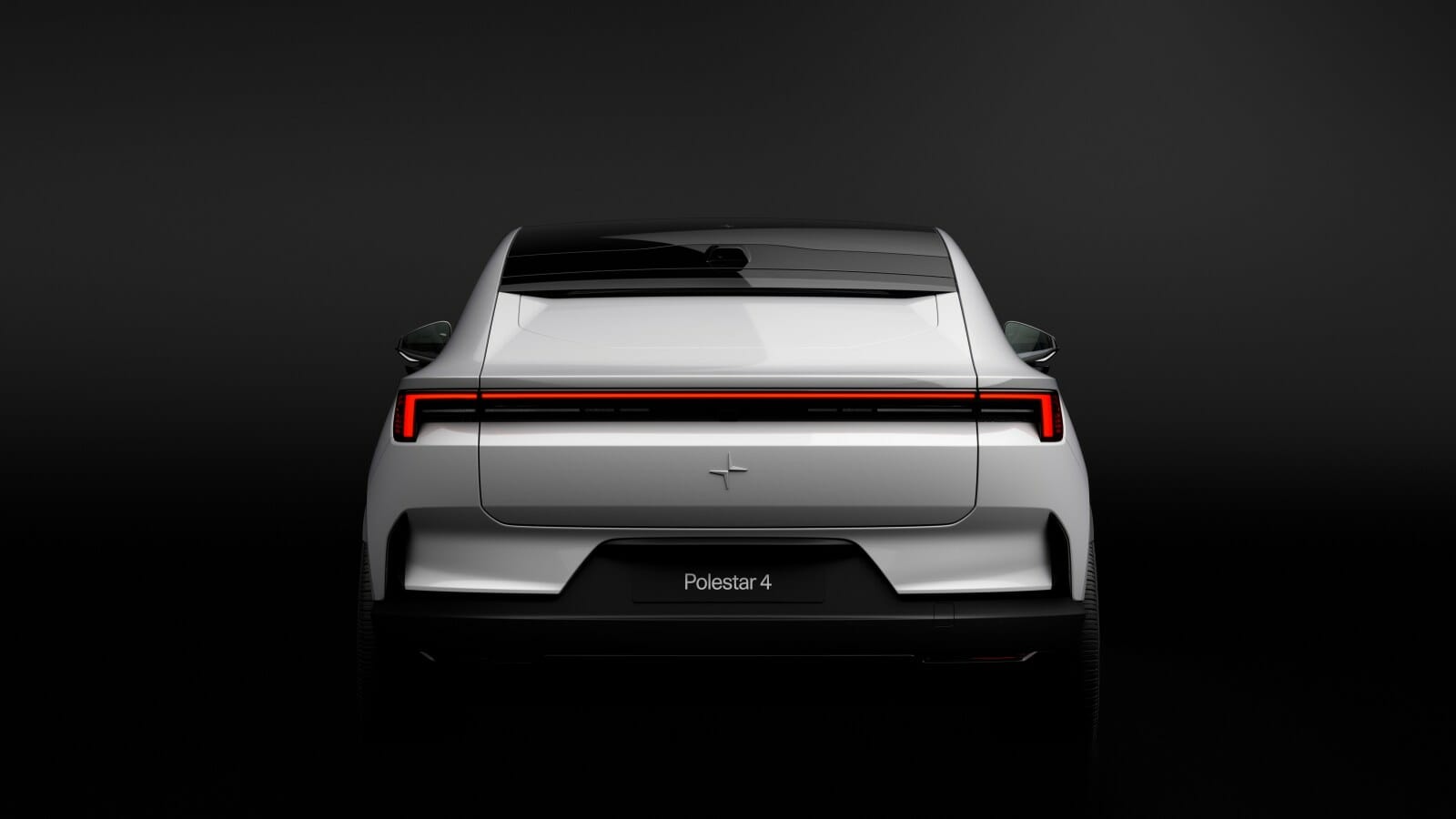 The rear view of a white Polestar 4 electric car showcases a continuous red taillight strip and the Polestar logo on a black background.