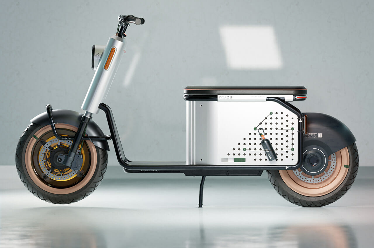 A modern electric scooter with a sleek design featuring a boxy frame, large tires, and minimalist lighting, shown against a plain background.