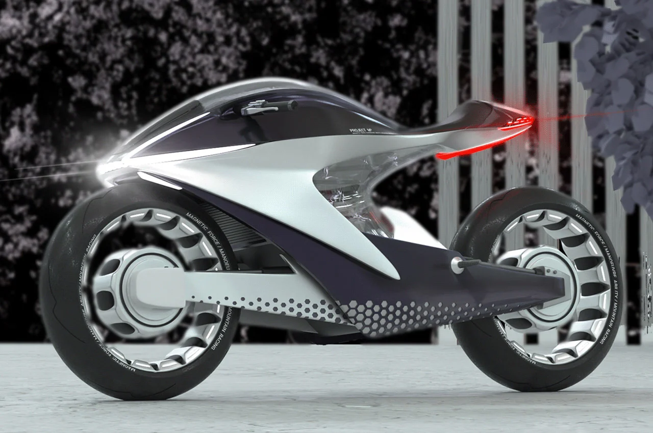 A futuristic motorcycle with a sleek, aerodynamic design, featuring large circular wheels, a metallic body with a transparent canopy, and illuminated rear lights, set against an urban backdrop.