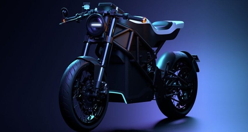 A sleek, futuristic motorcycle with blue and purple lighting, featuring a cylindrical front light, angular frame, and black bodywork, displayed against a dark background.