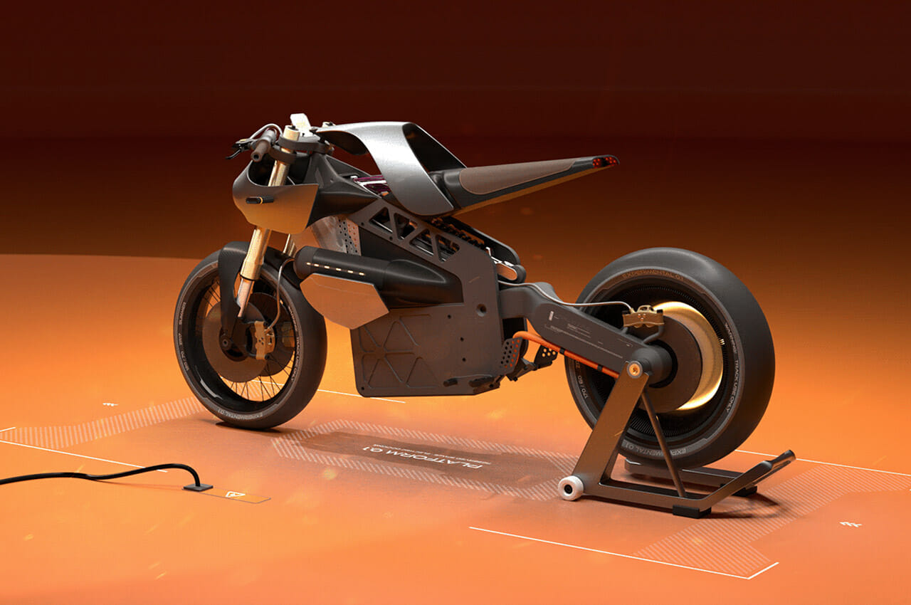 A sleek, modern electric motorcycle on an orange platform with a kickstand. The bike features a futuristic design, with clean lines and a matte black finish. A charging cable lies nearby.